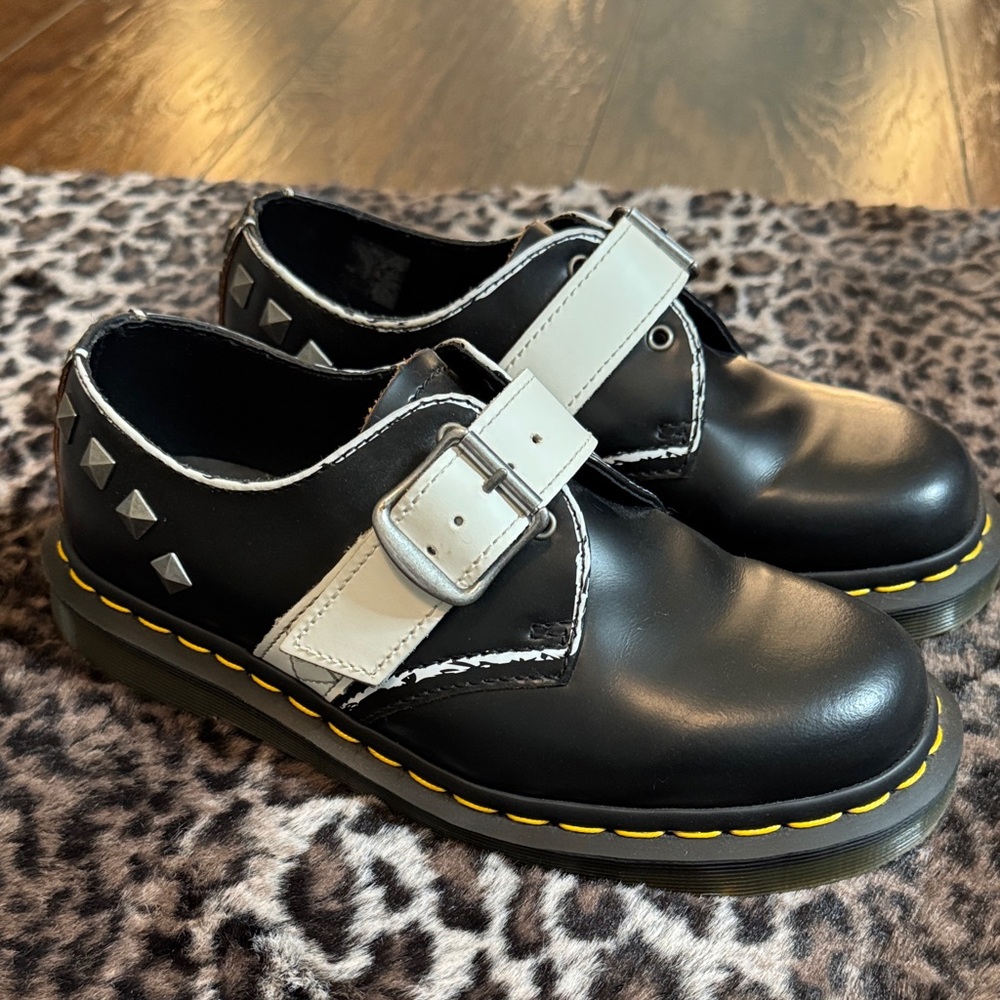 Dr. Martens Black Leather Mary-Jane Shoes with White Strap